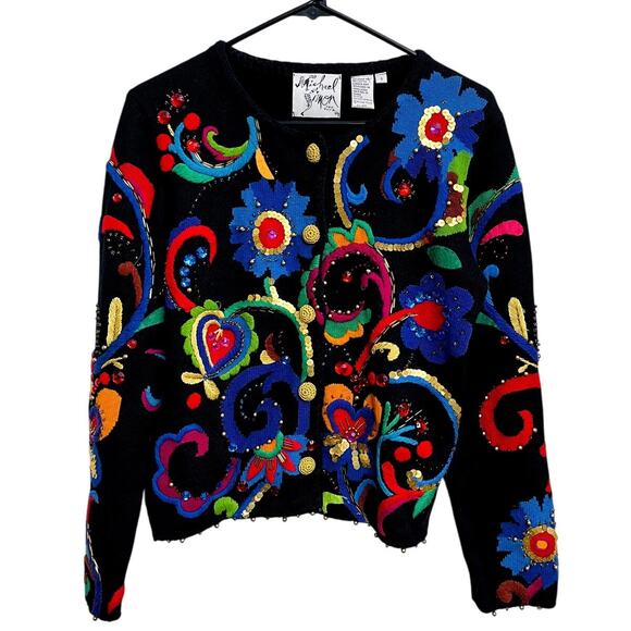 Vintage Michael Simon Embroidered Beaded Cardigan Floral Maximalist Artsy Size S - Picture 1 of 6